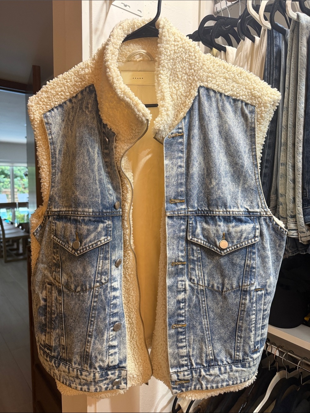 Sherpa-Lined Denim Vest - Cream Sherpa, Light Blue Denim